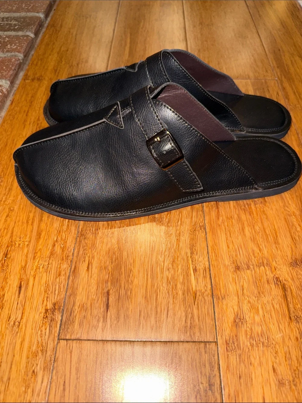 Men's Black Leather Slip-On Mule with Buckle Accent